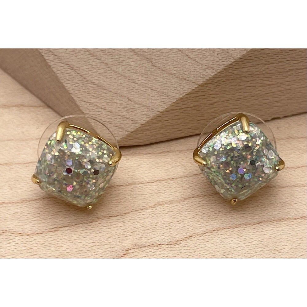 Kate Spade Gold Tone Square Sparkly Glitter Stud Earrings Pierced Back